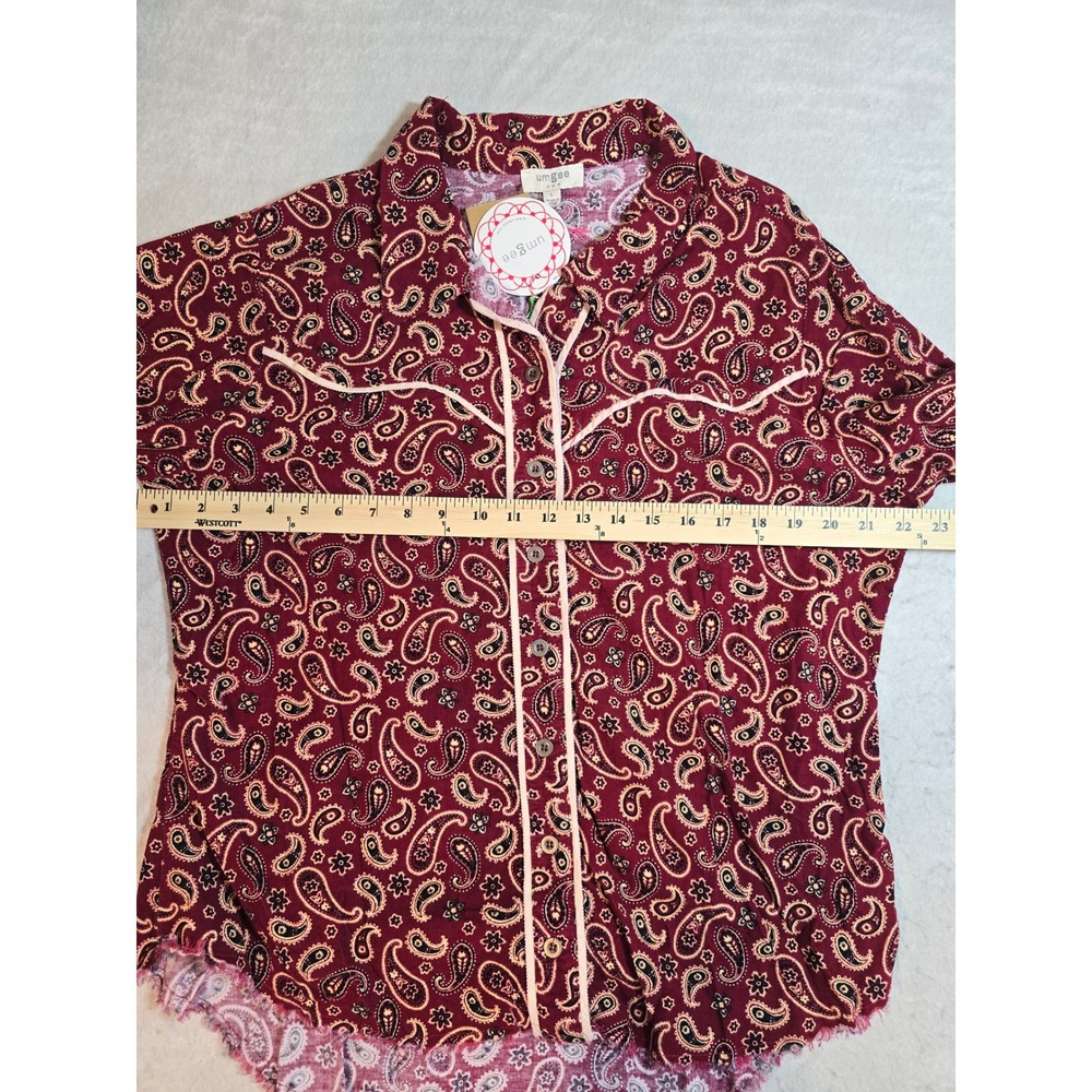 Umgee Burgundy Paisley Corduroy Western Button Down Shirt Raw Hem Large New - Picture 6 of 9